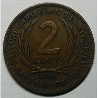 Восточные Карибы, 2 цента 1955 год дм. 30, 5 мм, вес 9, 55 г
