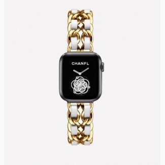 Ремешок Шанель Apple Watch 42/44 Chanell з шкіряними вставками! gold white для Apple Watch