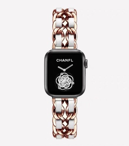 Фото 5. Ремешок Шанель Apple Watch 42/44 Chanell з шкіряними вставками! gold white для Apple Watch