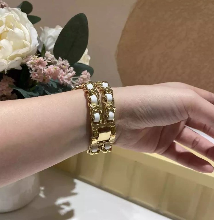 Фото 8. Ремешок Шанель Apple Watch 42/44 Chanell з шкіряними вставками! gold white для Apple Watch