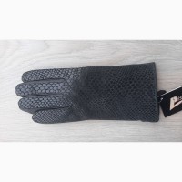 Женские черные кожаные демисезонные перчатки с тонким мехом
