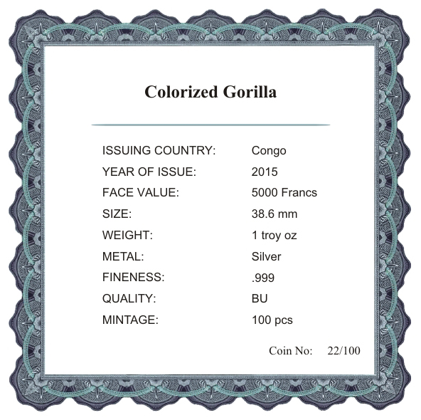 Фото 4. Продам серебряную монету:Конго Горилла. Серебро. Тираж 100 экз. в мире