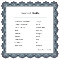 Продам серебряную монету:Конго Горилла. Серебро. Тираж 100 экз. в мире
