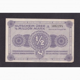1/2 миллиона марок 1923г. Ганновер. А 306198. Германия
