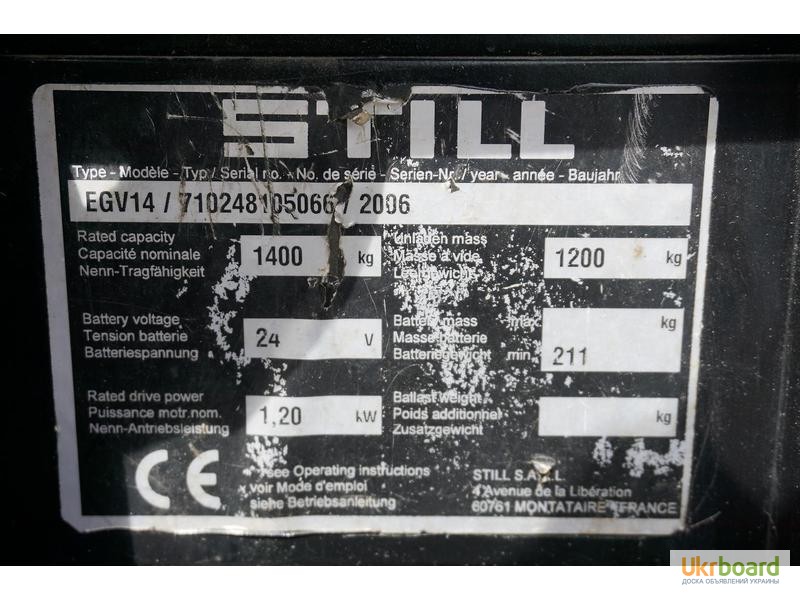 Фото 8. Штабелер Still EGV 14, электро, 1.4 т., 4340 мм высота подъема, 2006 г., 1552 м/ч