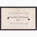 100 000 000 марок 1923г. B. 3915. Гинген-ан-дер-Бренц. Германия