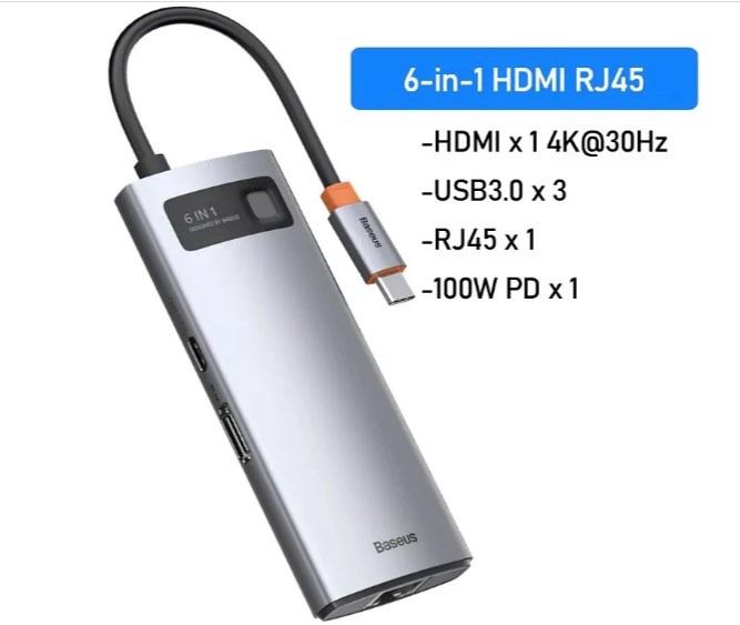Фото 6. Переходник 6 в 1 USB Type-C Хаб Baseus Metal Gleam Series, USB-C to 3x USB 3.0 HDMI PD