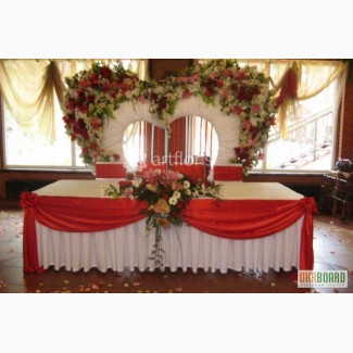 Украшение зала цветами,тканями, оформление свадебного фона,стола