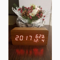 Часы куб Влажность Vst862s Коричневые с красной подсветкой Brown Red Часы деревянные с LED