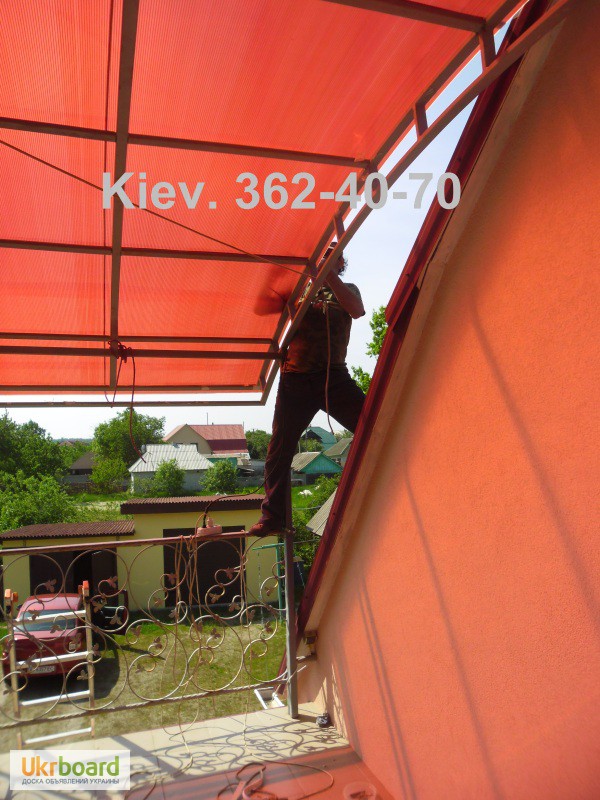 Фото 7. Навес из поликарбоната. Монтаж ( установка ) поликарбоната на стальной каркас. Киев