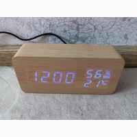 Часы куб Влажность Vst862s White Blue с влажностью Часы деревянные с LED подсветкой Электр