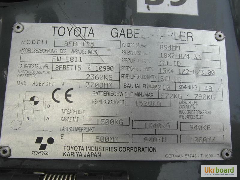 Фото 7. Продаётся вилочный погрузчик Toyota 8 FBET 15, б/у, в хорошем состоянии