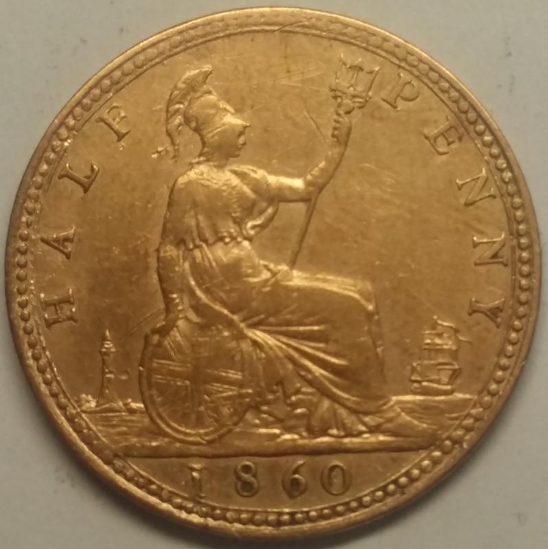 Фото 2. Англия 1/2 пенни 1860 год СОХРАН