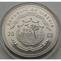 Либерия 5 долларов 2003 год + сертификат. ФУТБОЛ