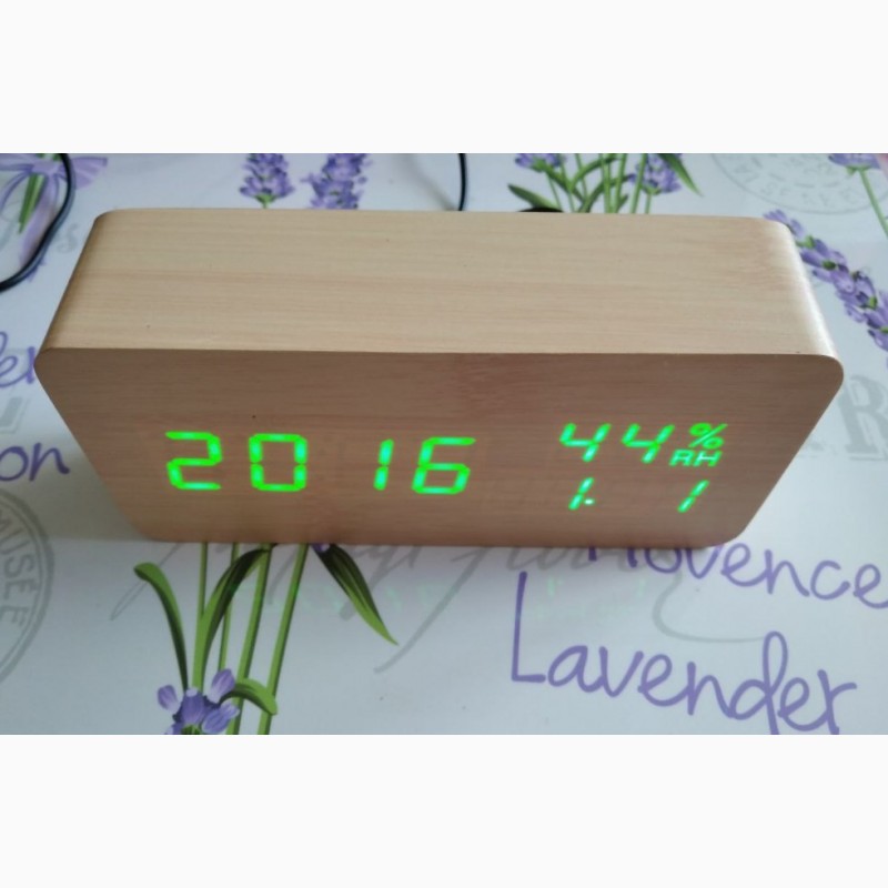 Фото 4. Деревянные Настольные часы VST-862S с термометром светлое дерево зеленая подсветка Часы