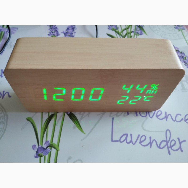 Фото 5. Деревянные Настольные часы VST-862S с термометром светлое дерево зеленая подсветка Часы