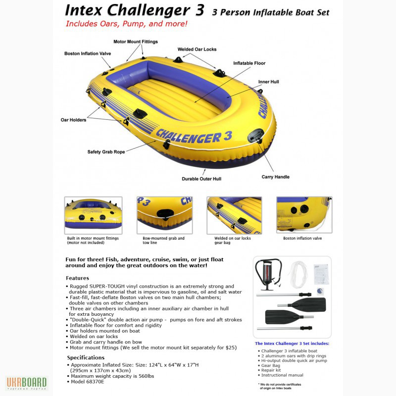 Фото 5. Клевая резиновая надувная лодка Intex CHALLENGER 3 на три места