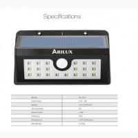 Светодиодный светильник ARILUX 20 Led 3 режима на солнечной батарее с датчиком движения