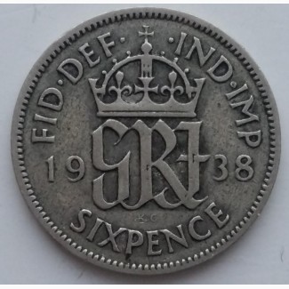 Великобритания 6 пенсов 1938 год, серебро