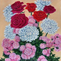 Картина масло холст Розы и хризантемы