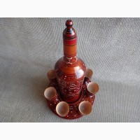 Сувенирный набор, бутылка-футляр с рюмками на подставке, роспись, дерево, из СССР