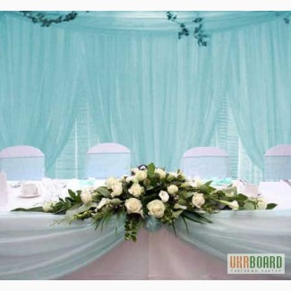 Оформление свадебного стола, украшение зала цветами и тканями, свадебный декор и текстиль
