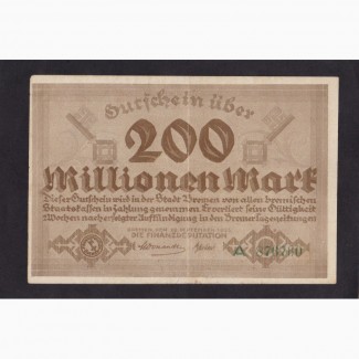 200 000 000 марок 1923г. Бремен. А 876760. Германия