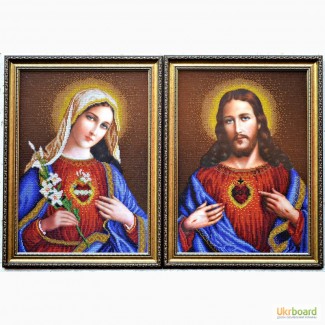 Икона вышитая бисером. Открытое Сердце Иисуса и Марии