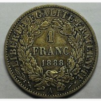Франция 1 франк 1888 А год, серебро! ОТЛИЧНАЯ!!!! к177