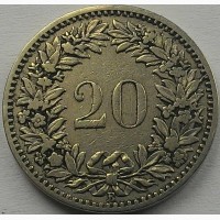 Швейцария 20 раппен 1884 год