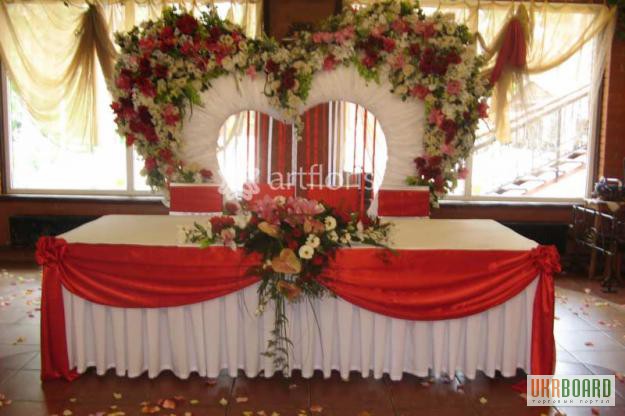 Фото 3. Украшение свадьбы цветами,тканями, оформление свадебного стола, фона, арка
