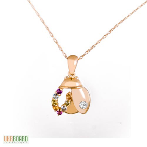Золотой кулон жук с разноцветными камнями и бриллиантом + цепочка. НОВЫЙ (Код: 13673)