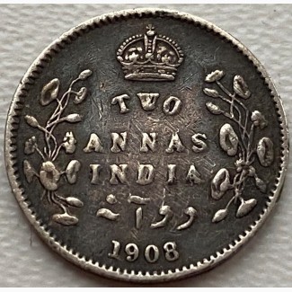 Индия 2 анны 1908 год Серебро! к8