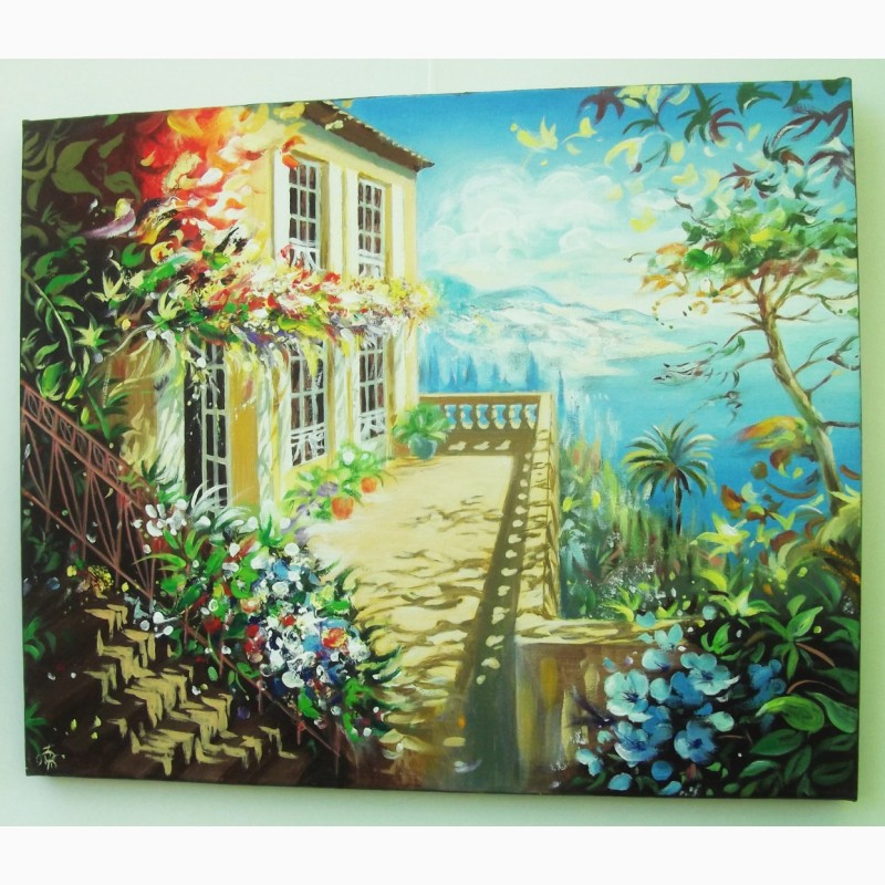 Фото 3. Картина художника маслом на холсте Италия море городской пейзаж горы цветы Ручная работа