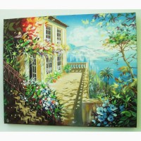Картина художника маслом на холсте Италия море городской пейзаж горы цветы Ручная работа