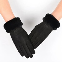 Теплые женские перчатки сенсорные штучная замша с мехом, жіночі рукавиці, чёрные