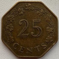 Мальта 25 центов 1975 год 711 Латунь, дм. 30 мм, вес 10, 55 г
