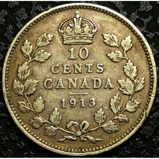 Канада 10 центов 1913 год СЕРЕБРО!!! СОСТОЯНИЕ!!! НЕ ЧАСТАЯ