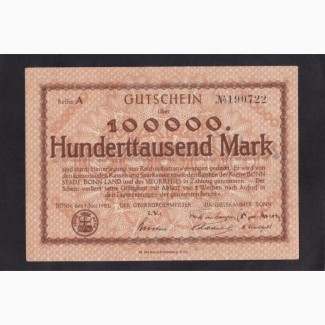 100 000 марок 1923г. А 190722. Бонн. Германия