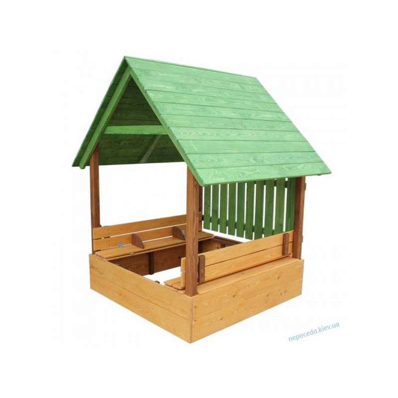 Фото 2. Песочница-домик с лавочками крышей и защитным забором
