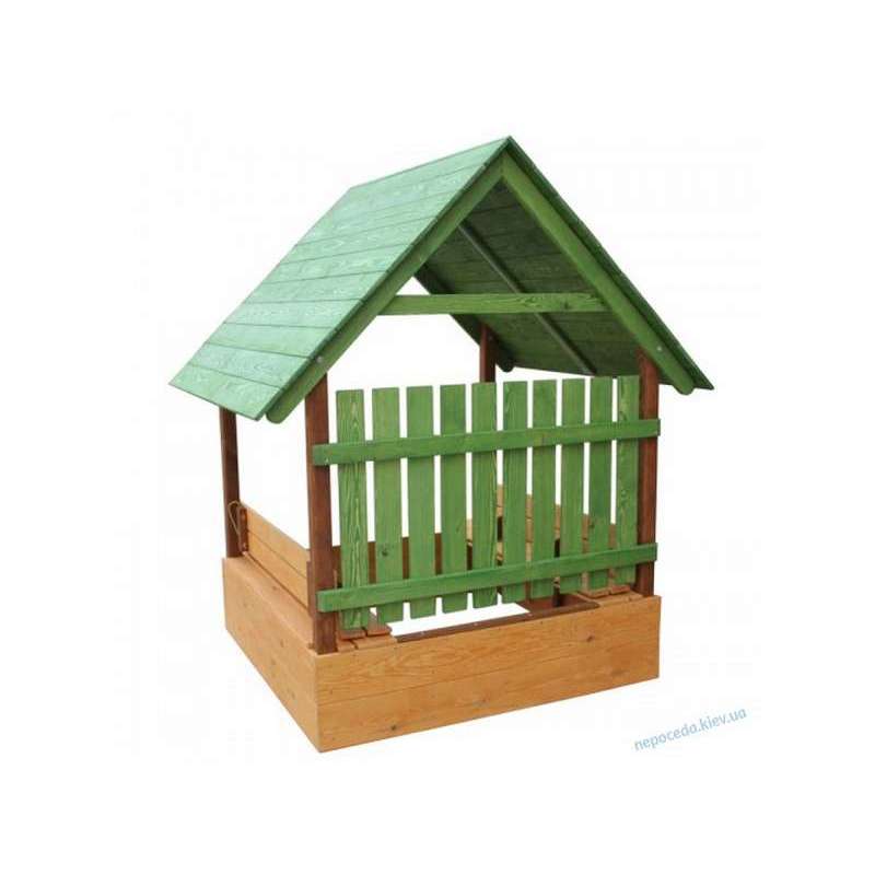 Фото 3. Песочница-домик с лавочками крышей и защитным забором