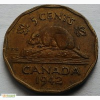Канада 5 центов 1942 г. латунь, бобер!!! состояние!!! редкая разновидность