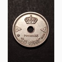 25 эре 1939г. Медно-никелевый сплав. Король Хокон VII. Конгсберг. Норвегия