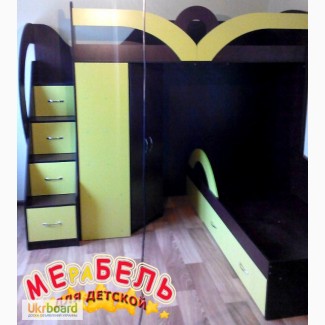 Детская двухъярусная кровать с угловым шкафом и лестницей-комодом (ал16) Merabel