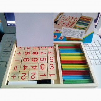 Деревянная игрушка набор первокласника, счетные палочки, досточка, маркер, цифры в коробке