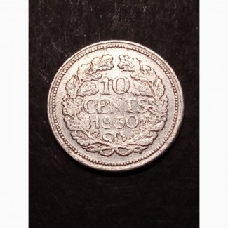 10 центов 1930г. Серебро. Королева Вильгельмина. Утрехт. Нидерланды