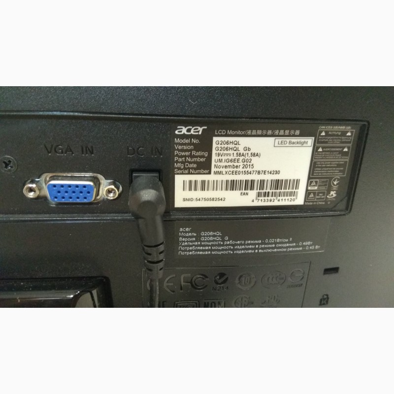 Фото 3. LED Монитор 20 Acer G206HQL (VGA) 83Гц 16:9