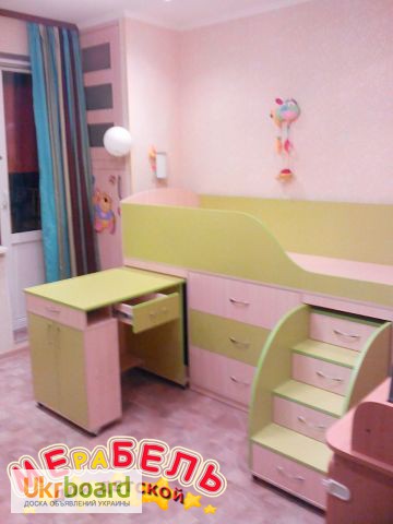 Фото 2. Кровать детская с выдвижным столом, ящиками и выдвижной лестницей-комодом (дл1) Merabel