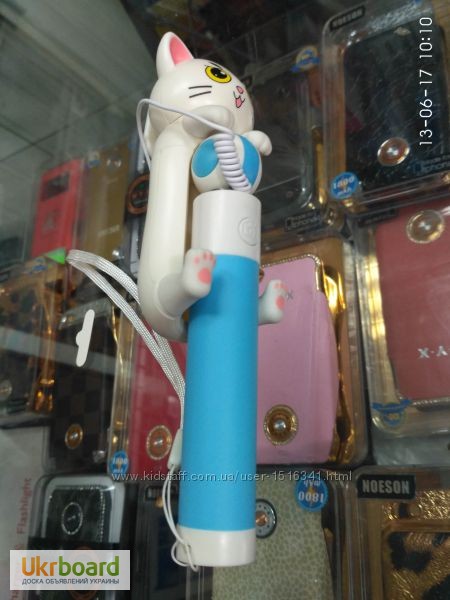Фото 4. Монопод для селфи проводной автодержатель кот с хвостом Cat AUX Мультфильм