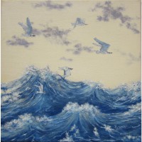 Картина масло холст чайки над водой